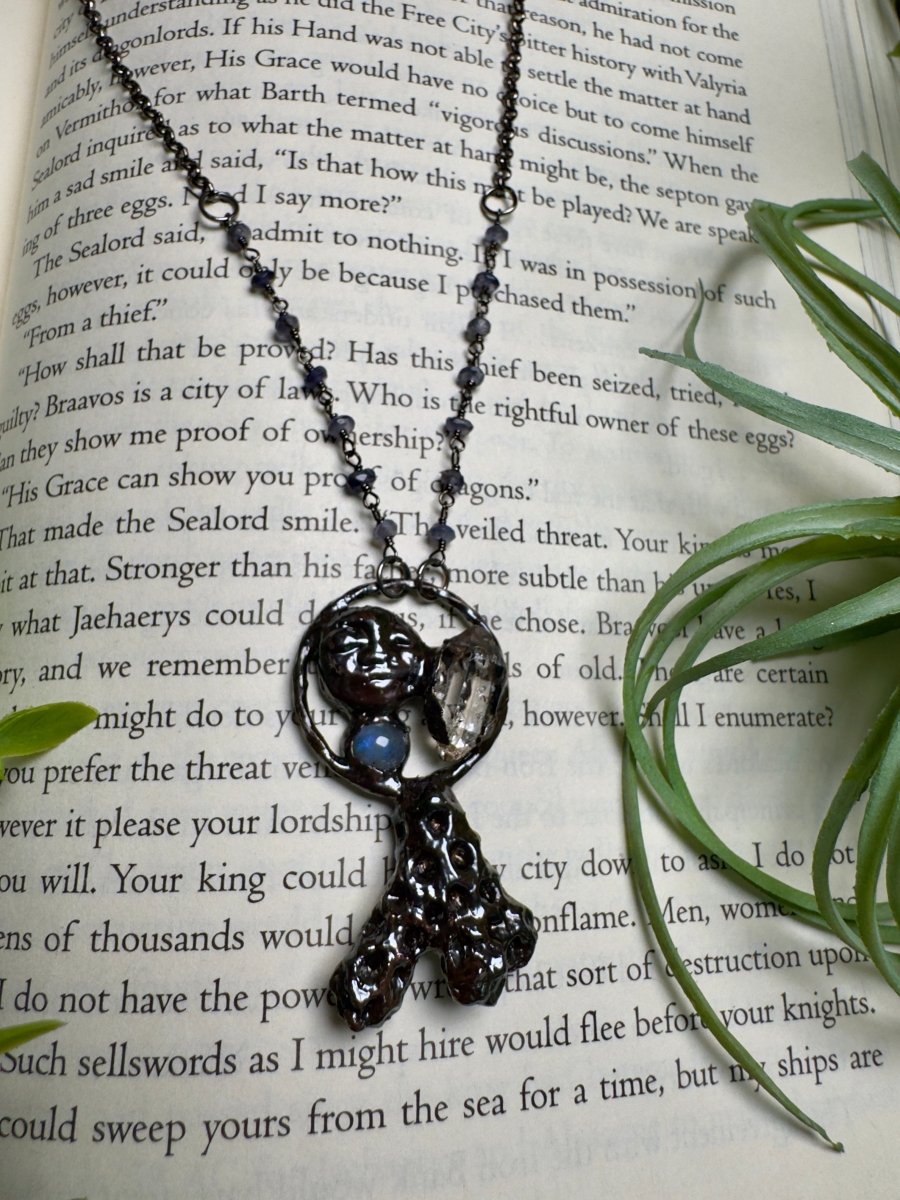 Coral, Moonstone, Quartz Diamond, and Goddess Necklace with Iolite Beaded Chain