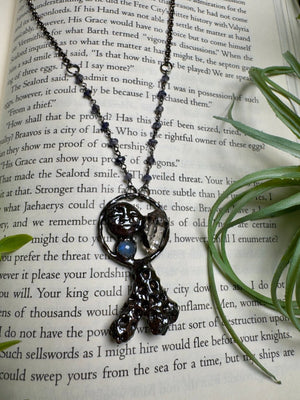 Coral, Moonstone, Quartz Diamond, and Goddess Necklace with Iolite Beaded Chain