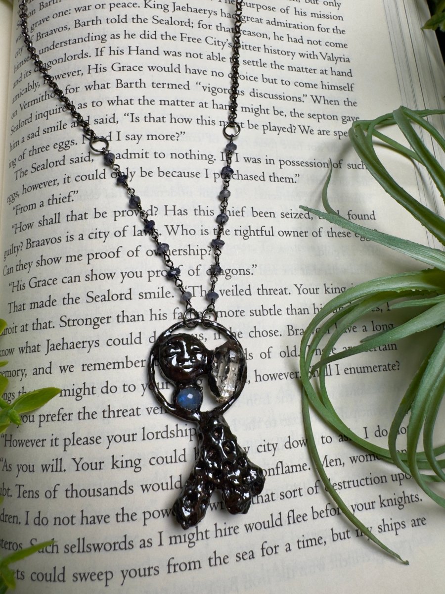 Coral, Moonstone, Quartz Diamond, and Goddess Necklace with Iolite Beaded Chain