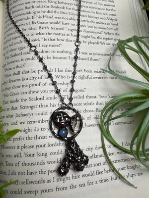 Coral, Moonstone, Quartz Diamond, and Goddess Necklace with Iolite Beaded Chain