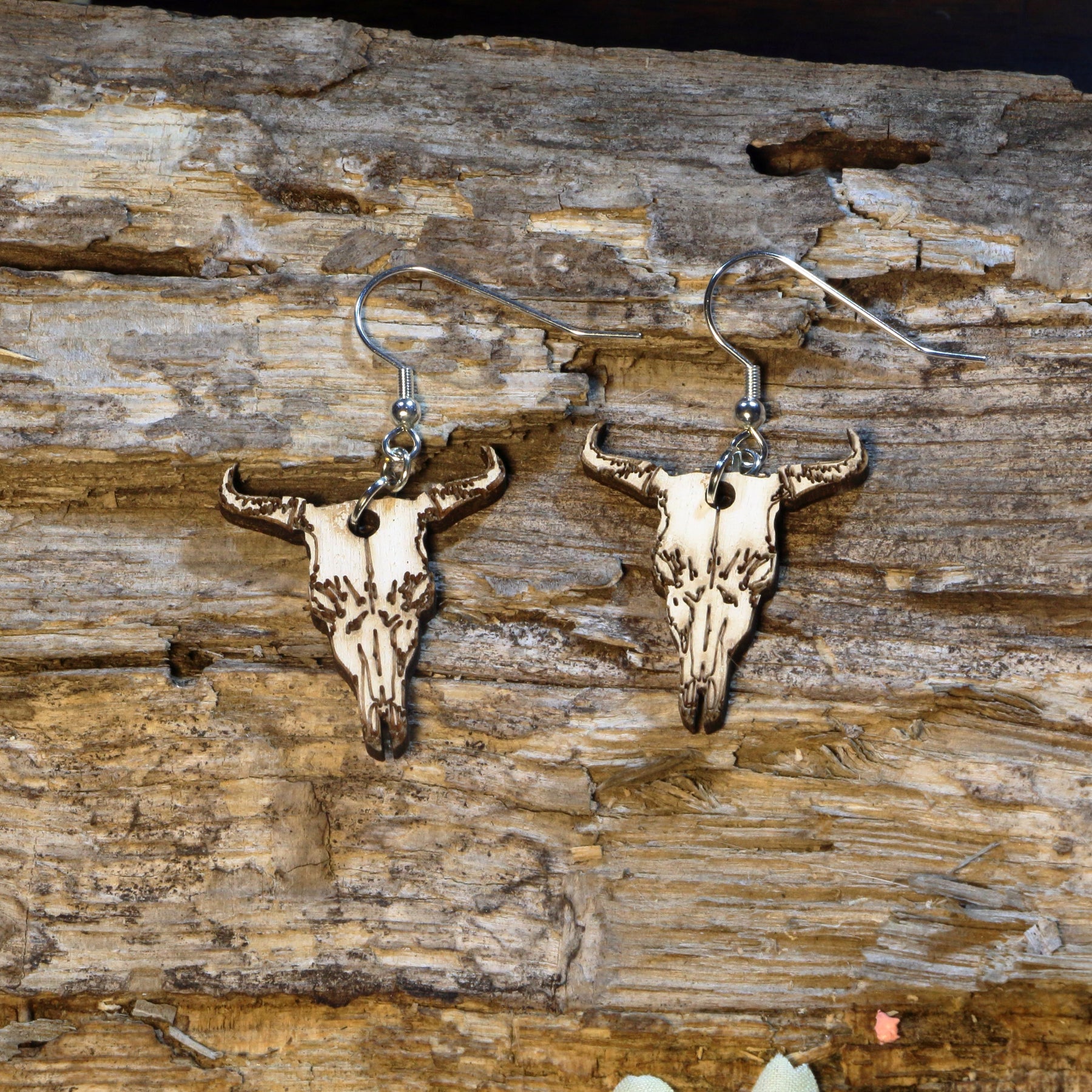 Cow Skull Wooden Dangle Earrings | Western Boho Jewelry