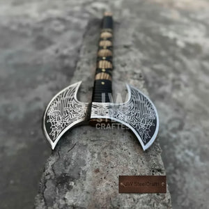Hand Engraved Double Headed Viking Axe with Nordic Knotwork and Leather Wrapped Handle