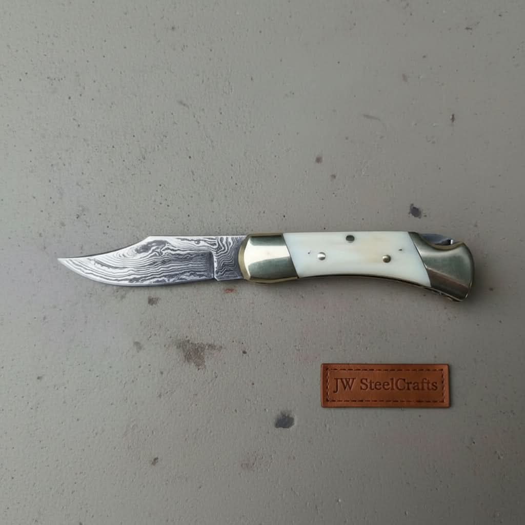 Handmade Damascus Folding Pocket Knife – Bone Handle with Brass Bolsters by JW SteelCrafts, Damascus knife main product photo