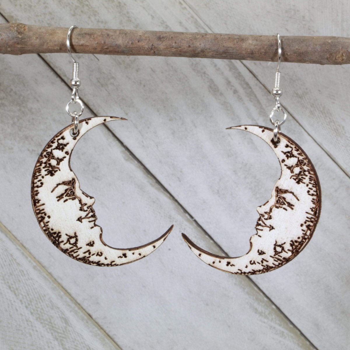 Crescent Moon Face Wooden Dangle Earrings | Celestial Jewelry