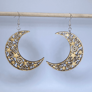 Crescent Moon Wooden Dangle Earrings | Celestial Filigree Jewelry