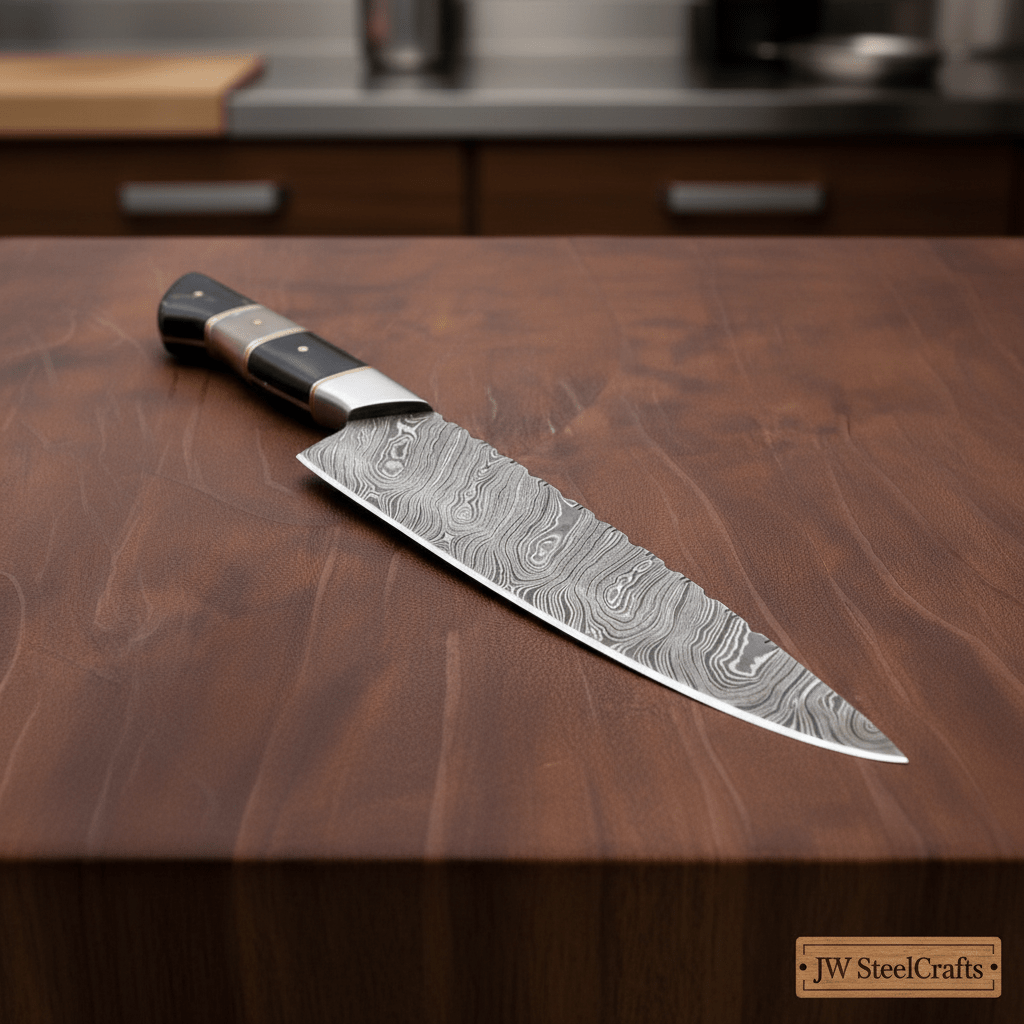 Damascus Kiritsuke Chef Knife with Raindrop Pattern Blade and Red/Black Pakka Wood Handle by JW SteelCrafts, Damascus knife main product photo