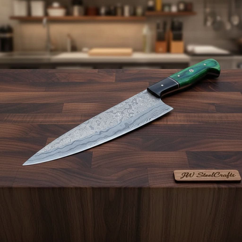 Handmade Damascus Gyuto Chef Knife, Full Tang Professional Kitchen Knife with Green Wood and Black Resin Handle, Forged Damascus Steel Culinary Cookin by JW SteelCrafts, Damascus