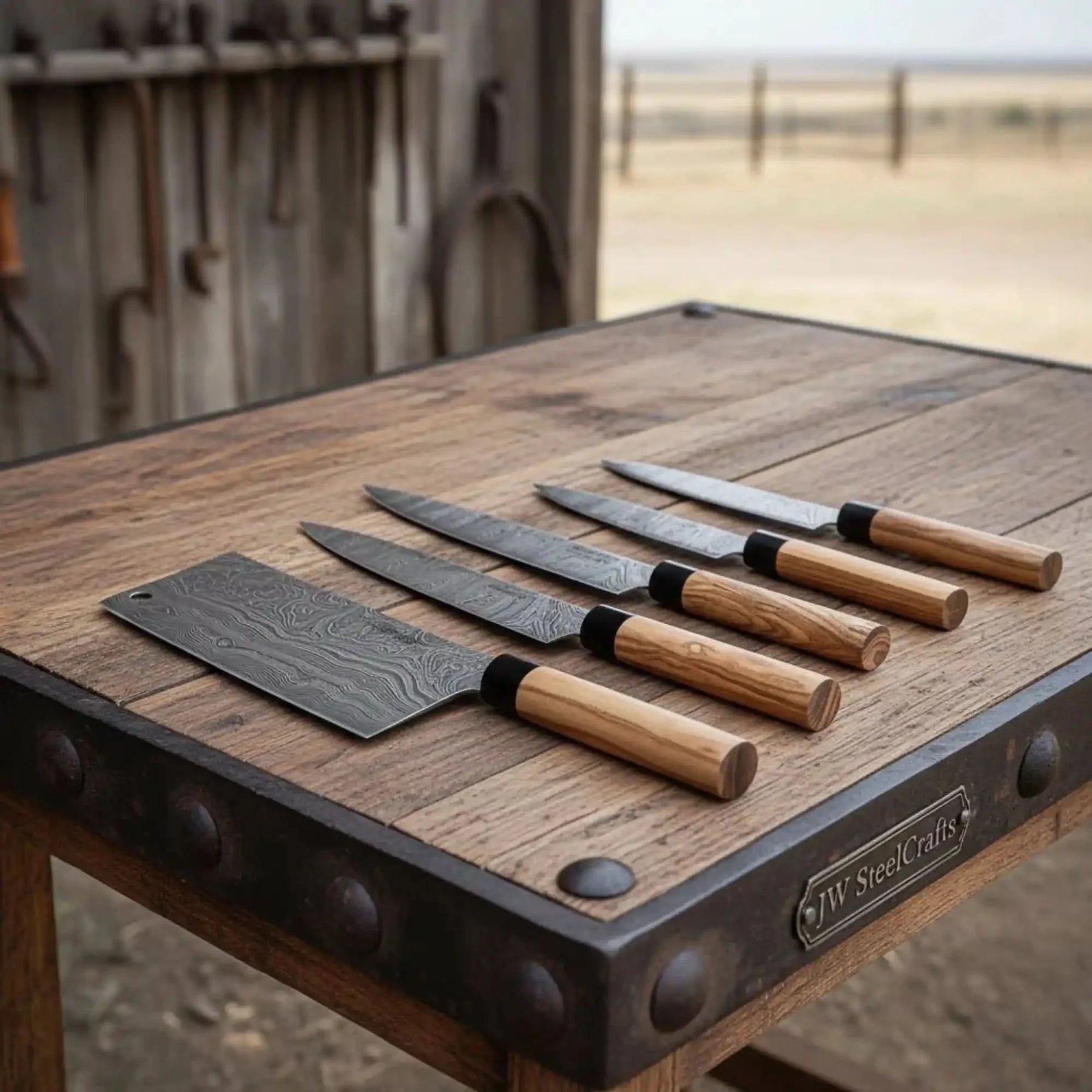 4-Piece Twisted Damascus Kitchen Knife Set — Chef, Nakiri, Slicer & Paring with Olive Wood Wa Handles & Black Leather Roll | JW Steel Crafts