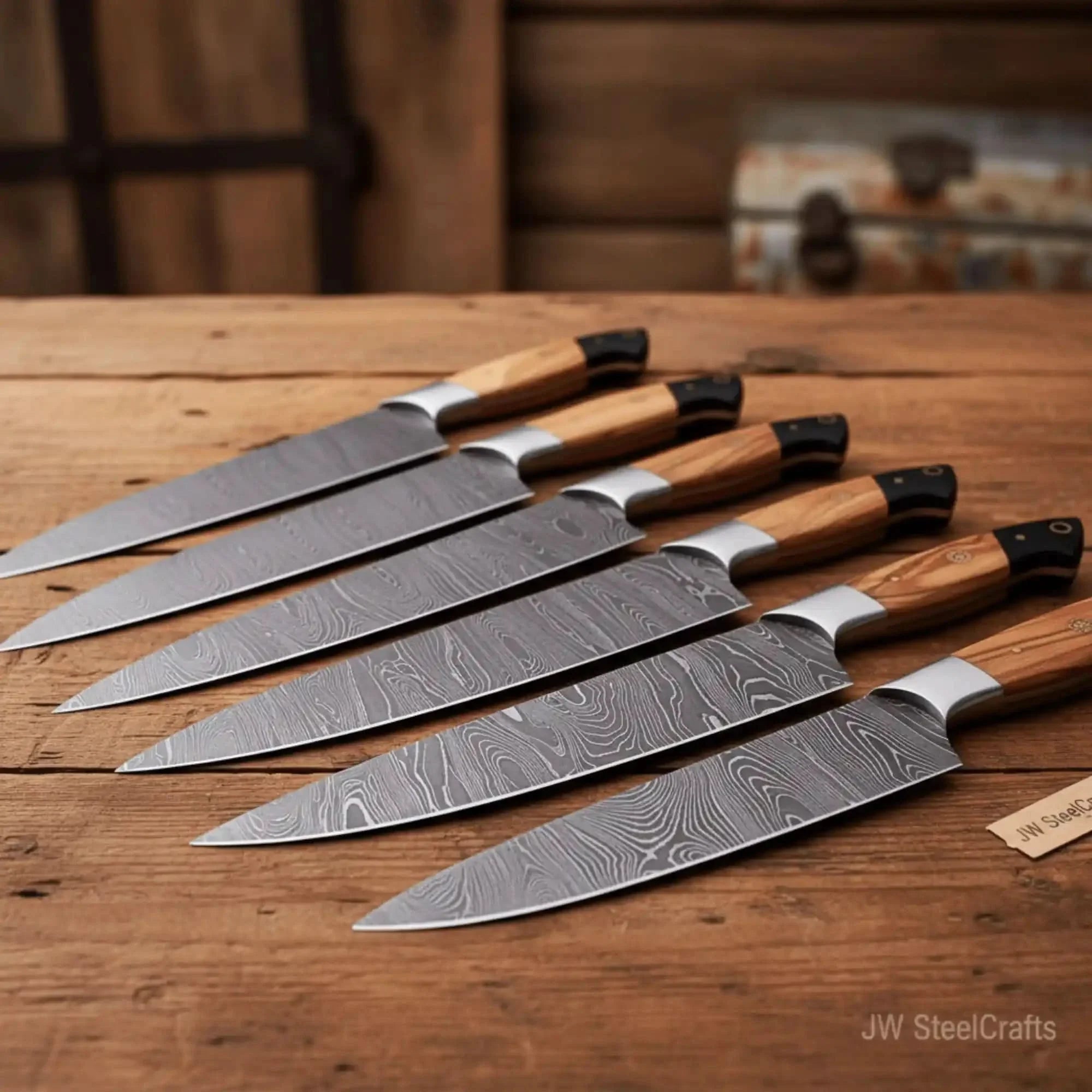 Handmade Damascus Knife Set, Olive Wood & Resin Handle by JW SteelCrafts, Damascus knife main product photo