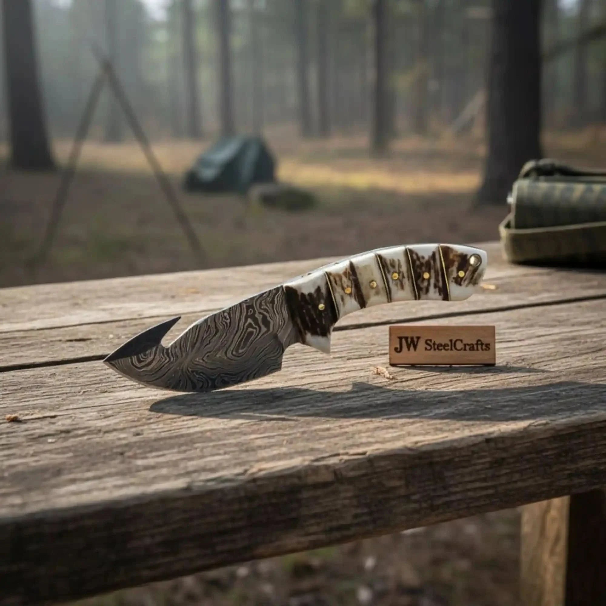 Damascus Steel Skinner Knife w/ Stag Handle and Gut Hook /Hunting Fixed Blade Knife by JW SteelCrafts, Damascus knife main product photo