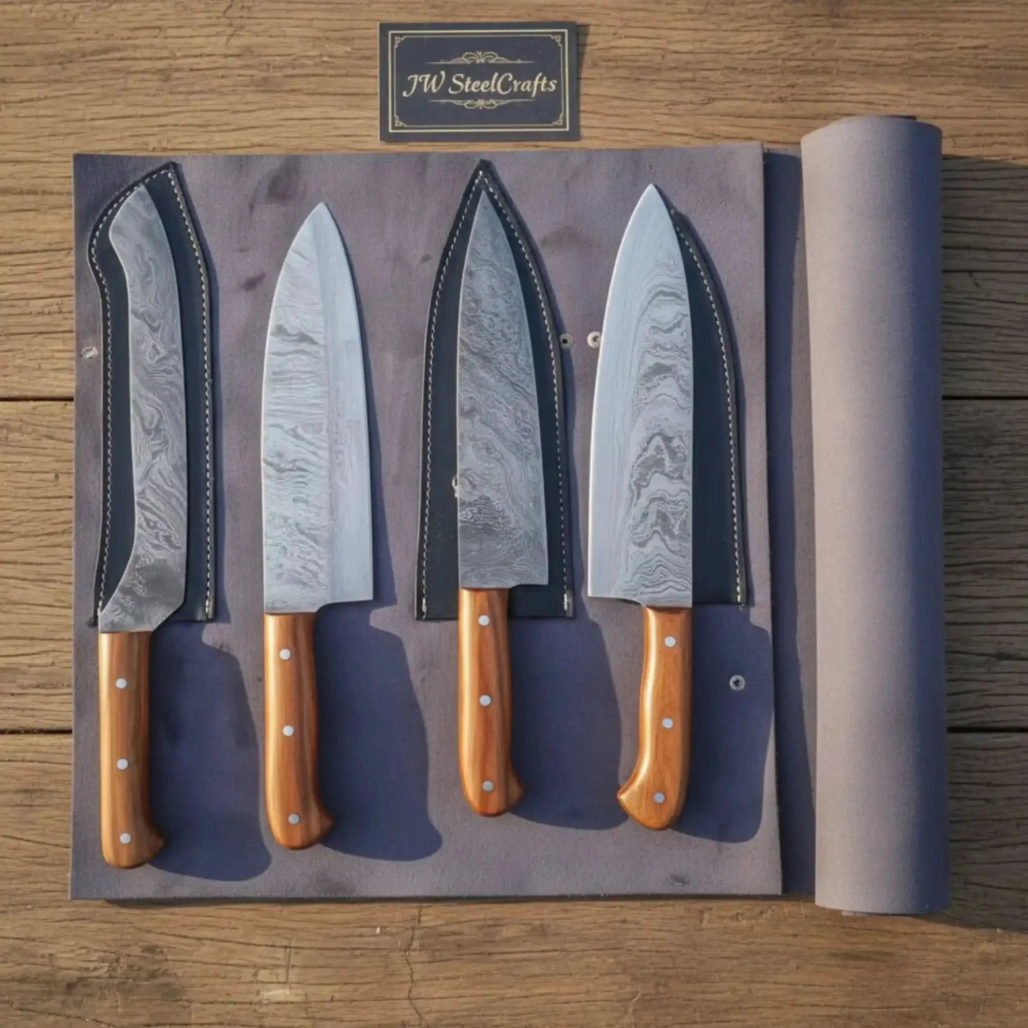 Custom Damascus Japanese Kitchen Quartet – Nakiri, Gyuto, Santoku & Chef Hybrid | Olive Wood Handle Set by JW SteelCrafts, Southern handmade gift main product photo