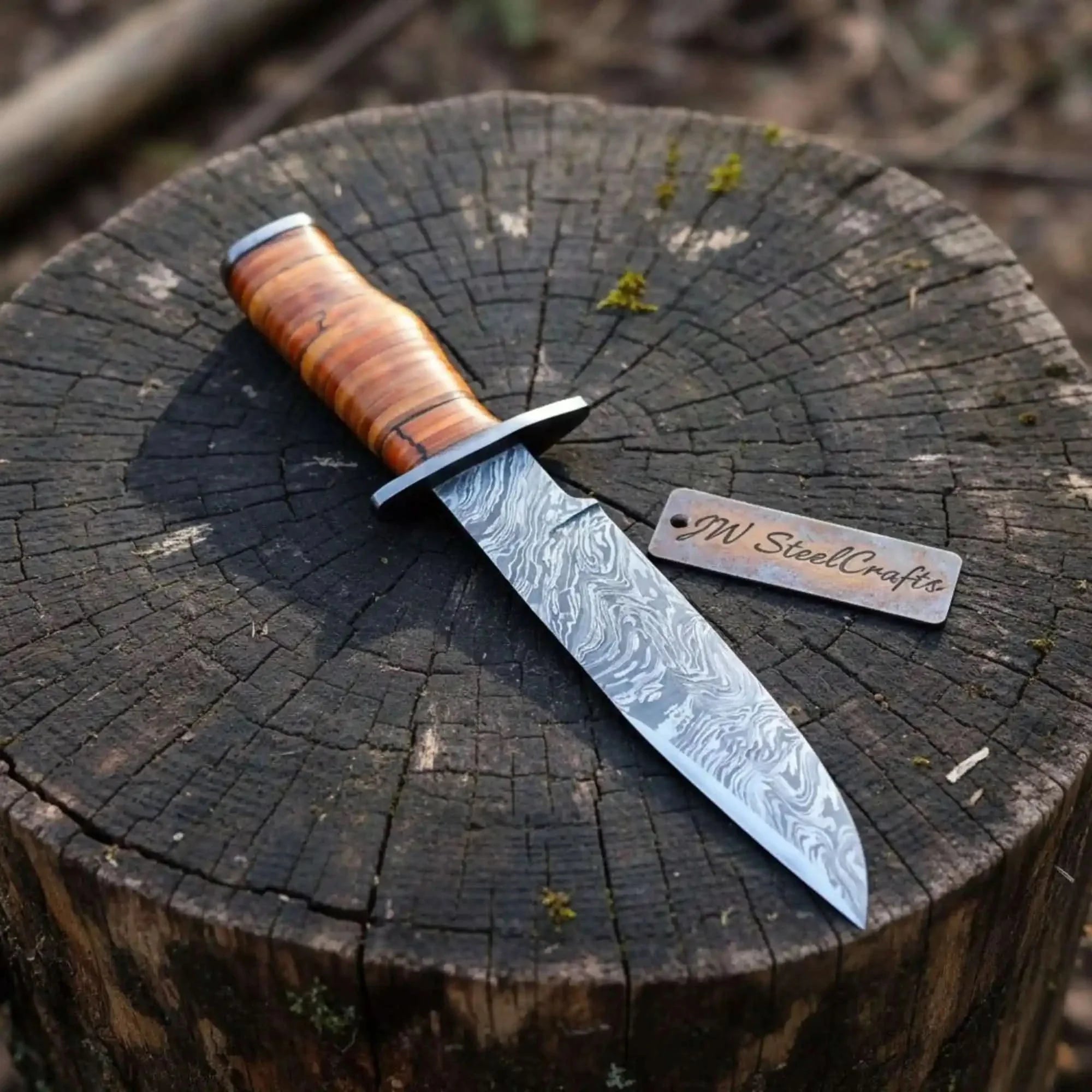 Custom Damascus Utility Bowie Knife Handmade by JW SteelCrafts, Damascus knife detail photo 2