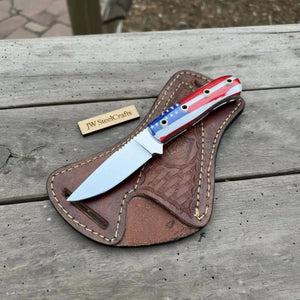 Custom Fixed Blade Knife – Drop Point Outdoor EDC with USA Flag Handle and Leather Sheath