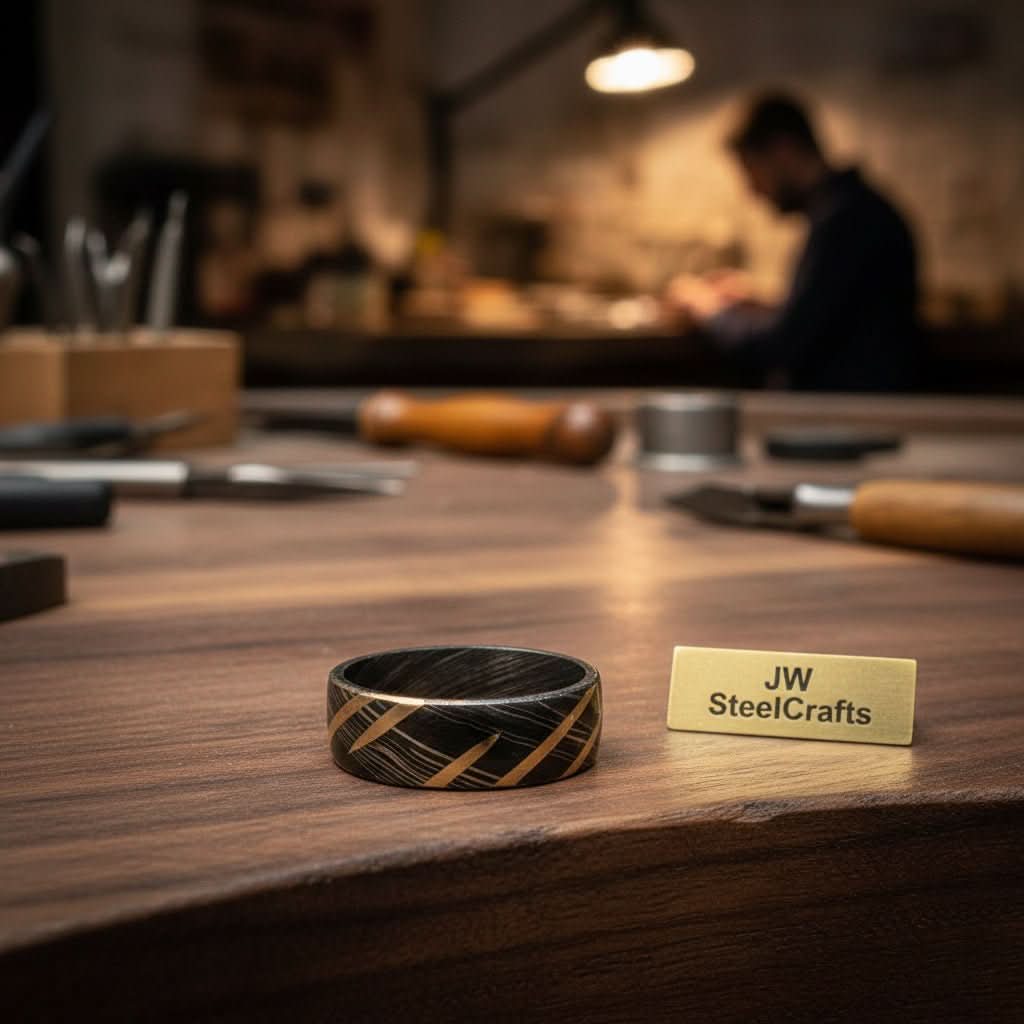 Mens Damascus Steel Wedding Band with Diagonal Brass Inlay Design by JW SteelCrafts, Southern home decor main product photo