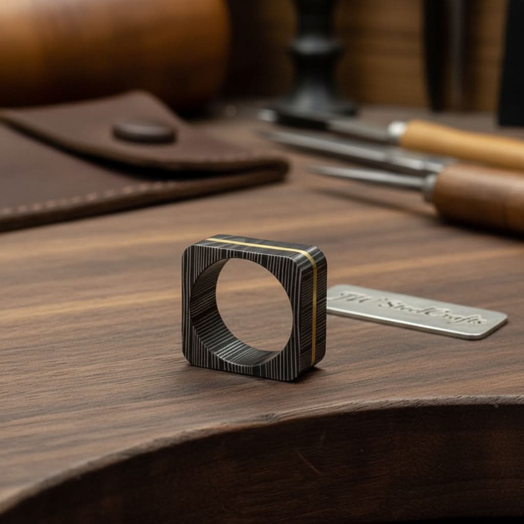 Square Damascus Steel Ring With Brass Inlay Handmade Mens Band by JW SteelCrafts, handmade jewelry detail photo 2