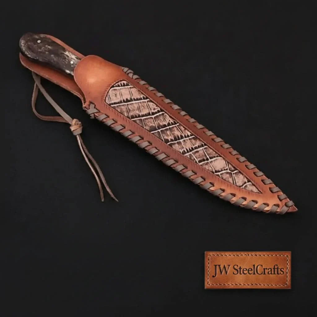 Custom Handmade Damascus Steel Boning Knife With Colour Bone Handle with Leather Sheath by JW SteelCrafts, leather knife sheath detail photo 2