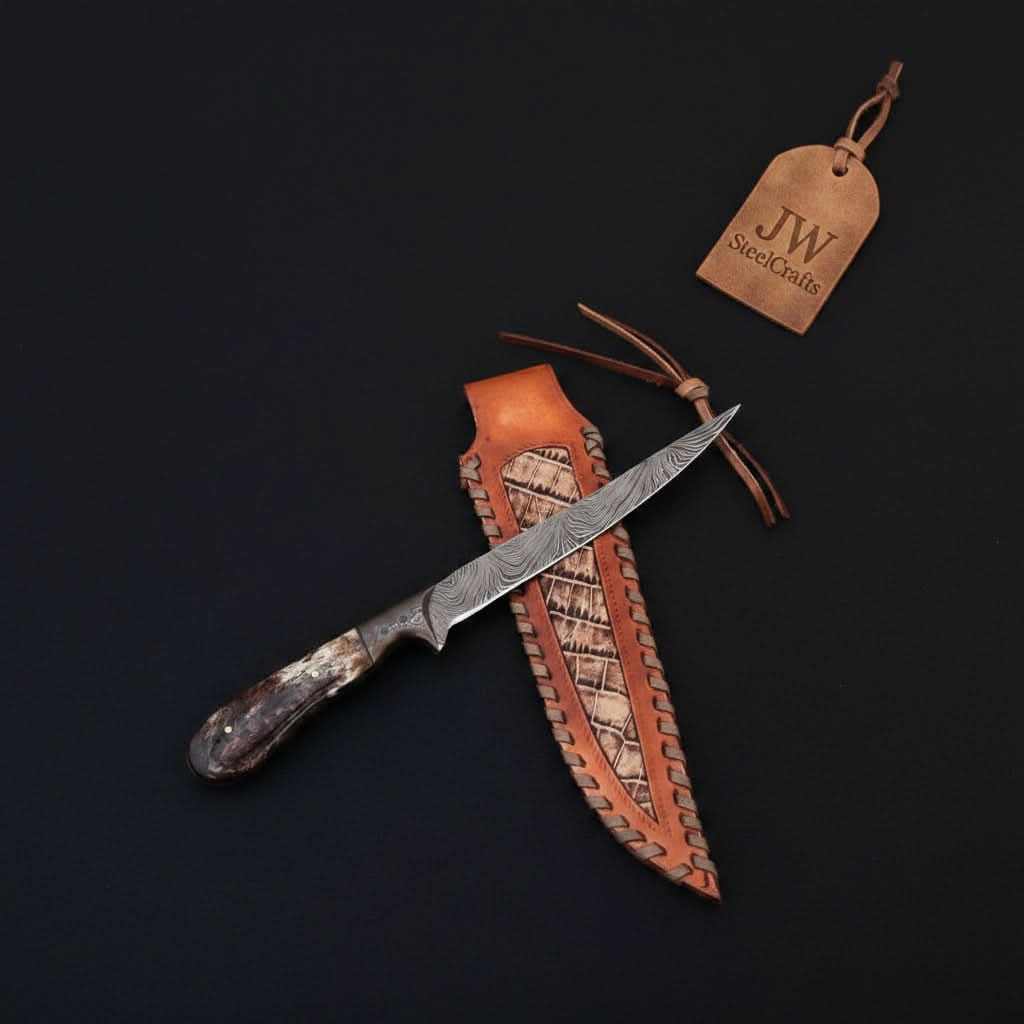 Custom Handmade Damascus Steel Boning Knife With Colour Bone Handle with Leather Sheath by JW SteelCrafts, leather knife sheath main product photo