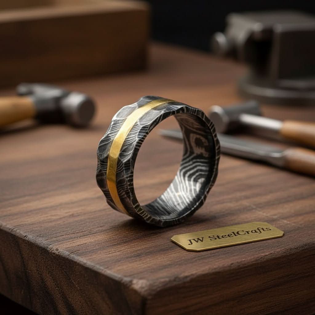 Mens Damascus Steel Wedding Band Hammered Finish with Brass Inlay by JW SteelCrafts, Southern lifestyle apparel main product photo