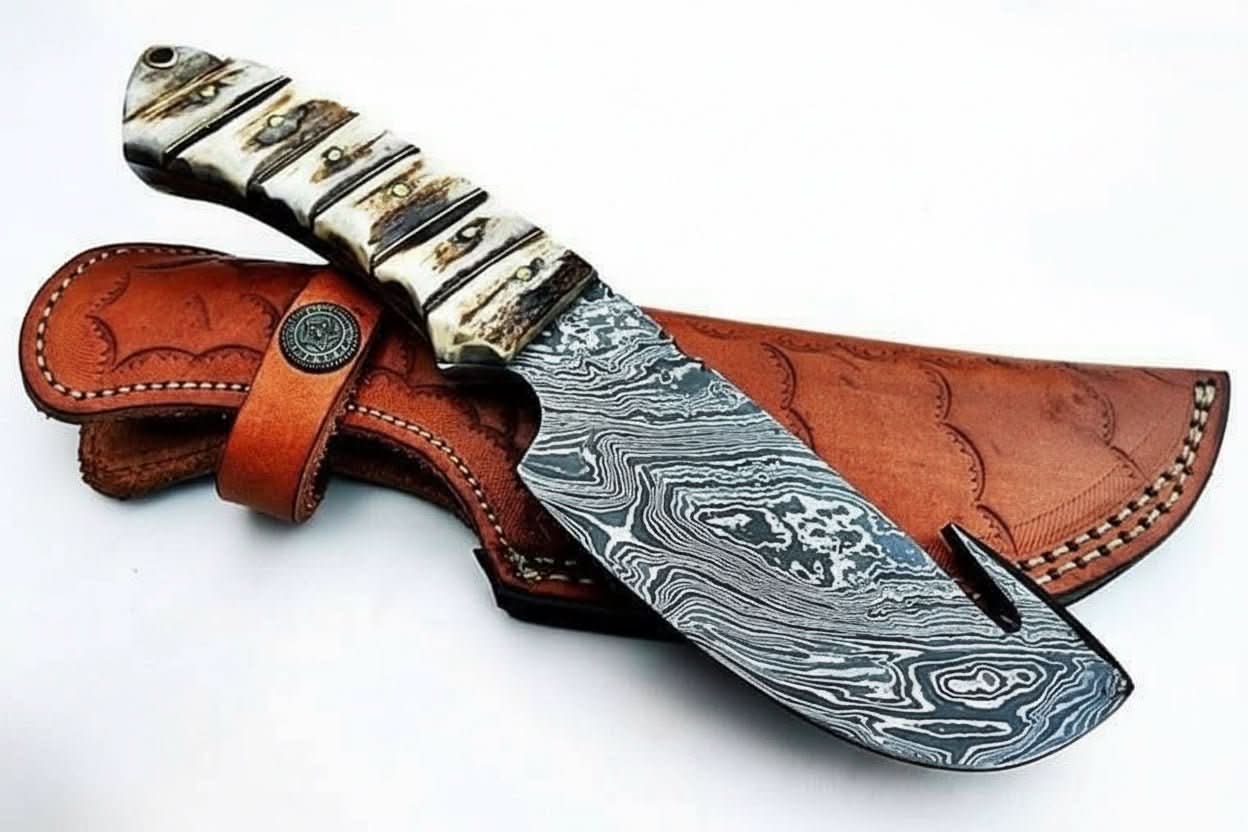 9' Handmade Damascus Skinner Knife with Stag Bone Handle and Gut Hook Blade by JW SteelCrafts, Damascus knife main product photo