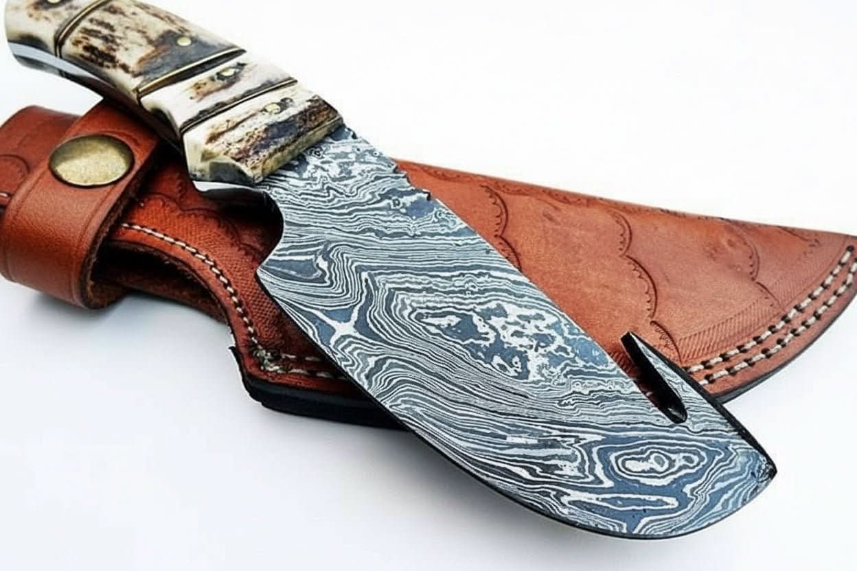 9' Handmade Damascus Skinner Knife with Stag Bone Handle and Gut Hook Blade by JW SteelCrafts, Damascus knife detail photo 2