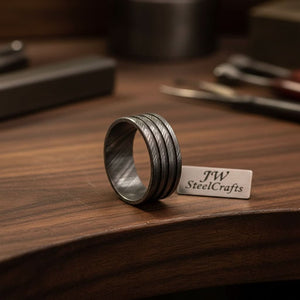 Mens Damascus Steel Wedding Band Wide Triple Groove Pattern Ring