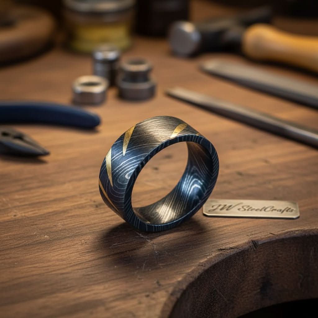 Mens Damascus Steel Wedding Band Wide Ring with Gold Inlay by JW SteelCrafts, handmade jewelry main product photo