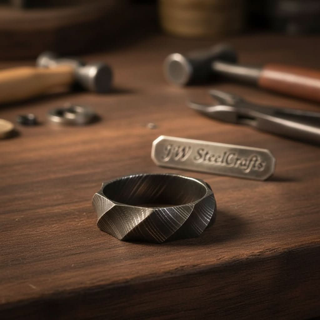 Mens Damascus Steel Faceted Wedding Band Handmade Geometric Ring by JW SteelCrafts, handmade jewelry main product photo