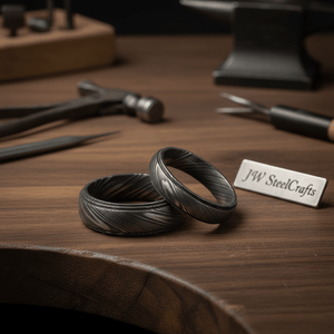 Damascus Steel Wedding Ring Set for Couples Black Pattern Wedding Bands