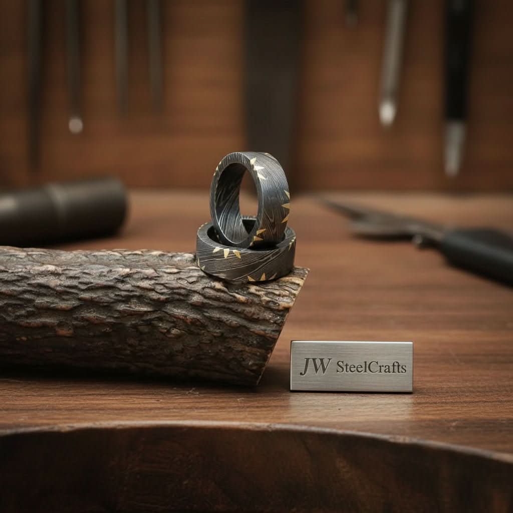 Mens Damascus Steel Wedding Band Brass Sunburst Inlay Handmade Ring by JW SteelCrafts, handmade jewelry main product photo