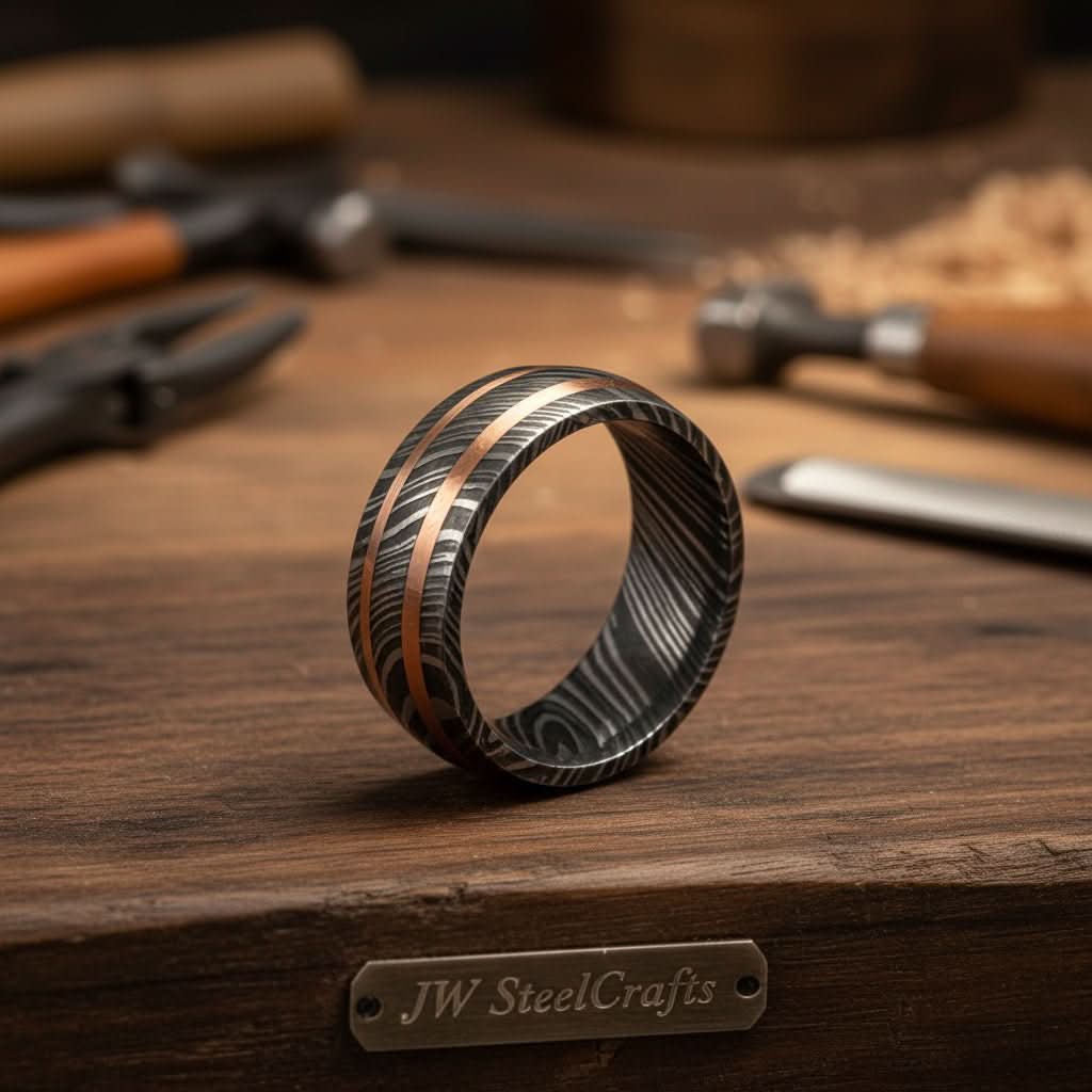Mens Damascus Steel Wedding Band with Dual Copper Inlay Ring by JW SteelCrafts, handmade jewelry main product photo