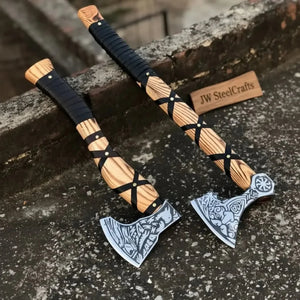 Fenrir Wolf Viking Axe Pair with Acid Etched Bearded Heads
