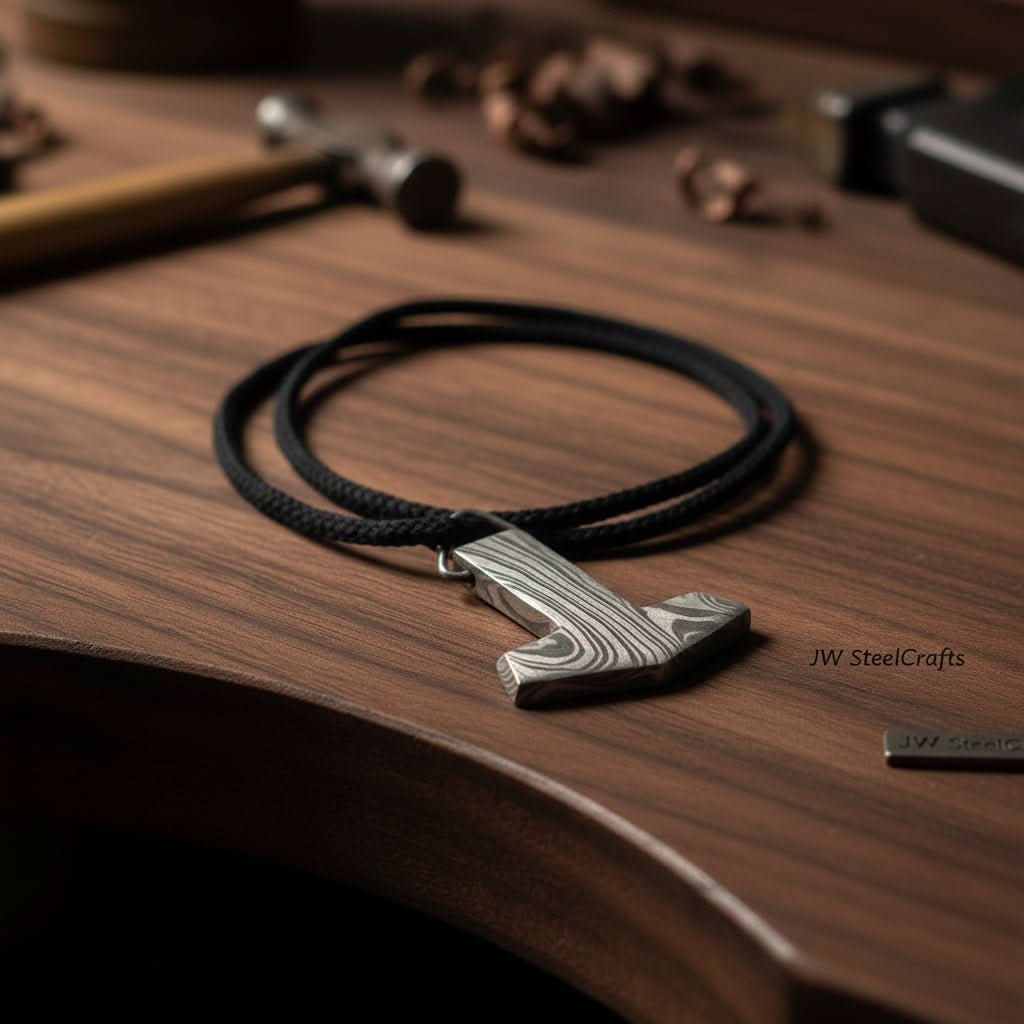 Handmade Damascus Steel Thor Hammer Pendant - Strength and Tradition by JW SteelCrafts, handmade jewelry main product photo