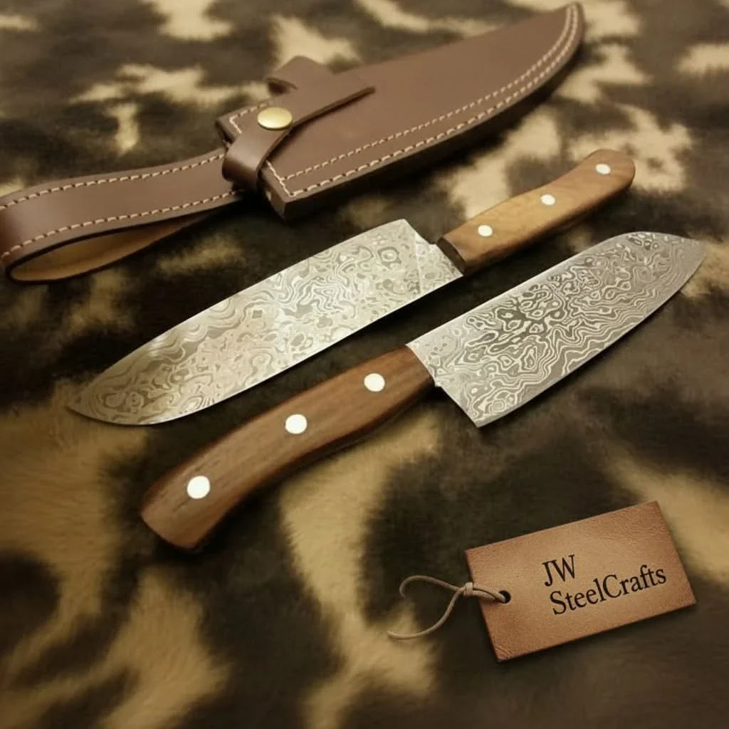 Raindrop Damascus Hunting Knife Set – Trailing Point Skinner & Drop Point Hunter with Rosewood Handles | Full Tang Fixed Blade Pair by JW SteelCrafts, Damascus knife main product