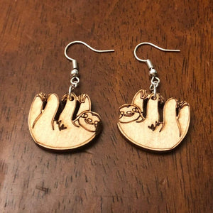 Hanging Sloth Wooden Dangle Earrings | Cute Animal Jewelry