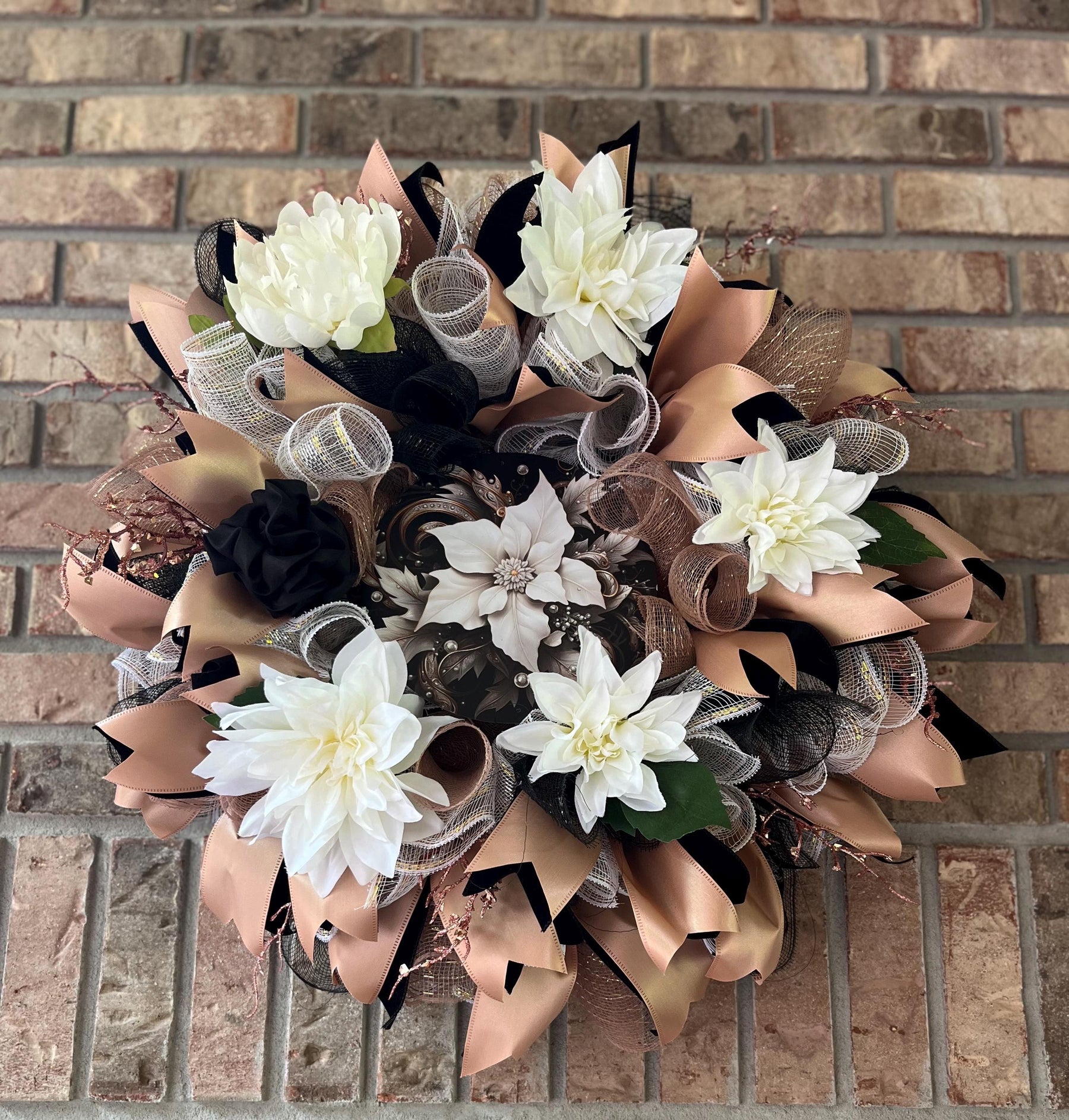 Black & Champagne Dahlia Wreath | Glam Front Door Decor by Bouge Creations, view 7