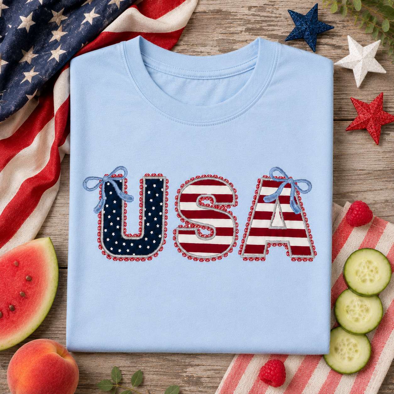 Patriotic USA Applique Shirt with Decorative Stitching and Bows