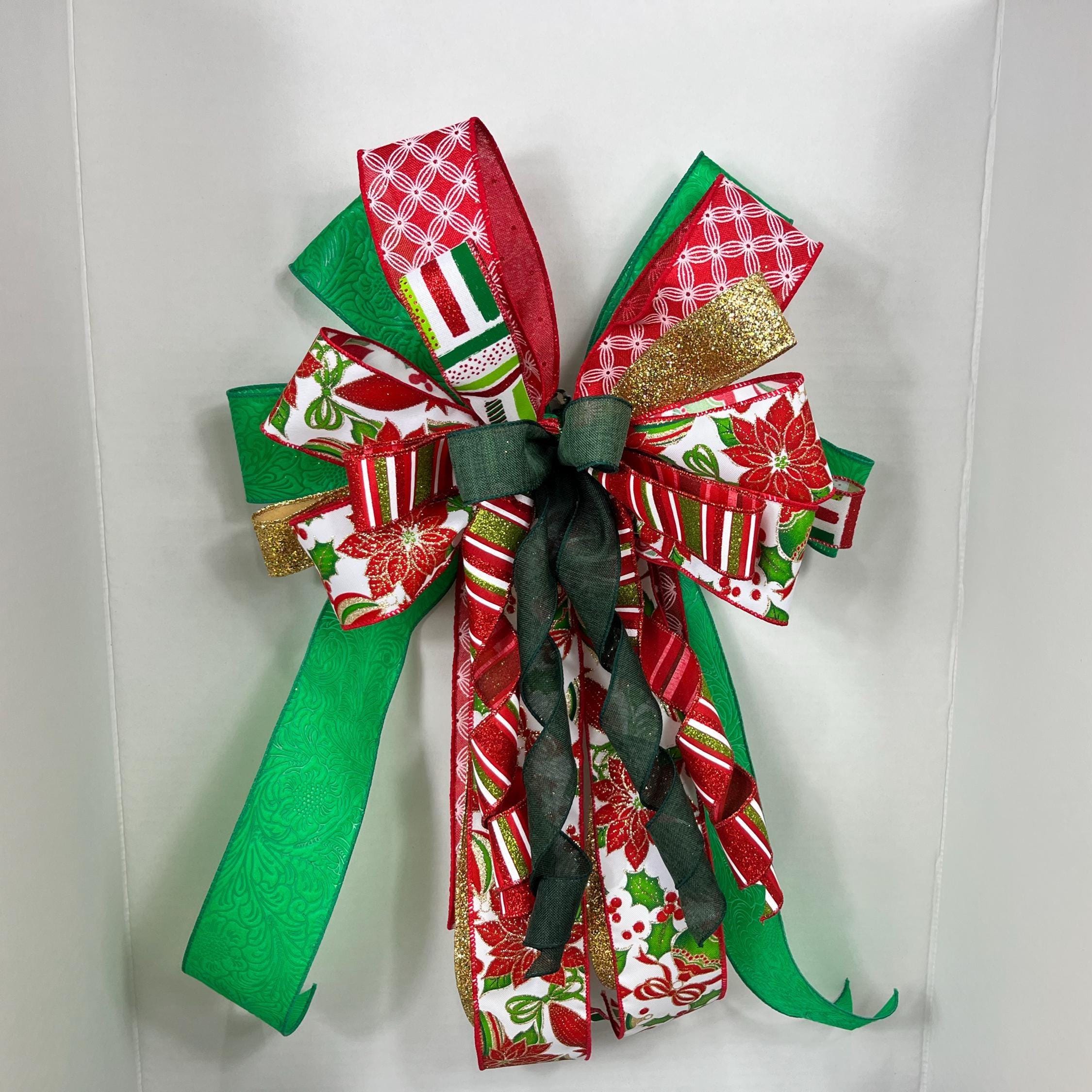Christmas Poinsettia Bow | Red, Green & Gold Tree Topper by Bouge Creations, view 2