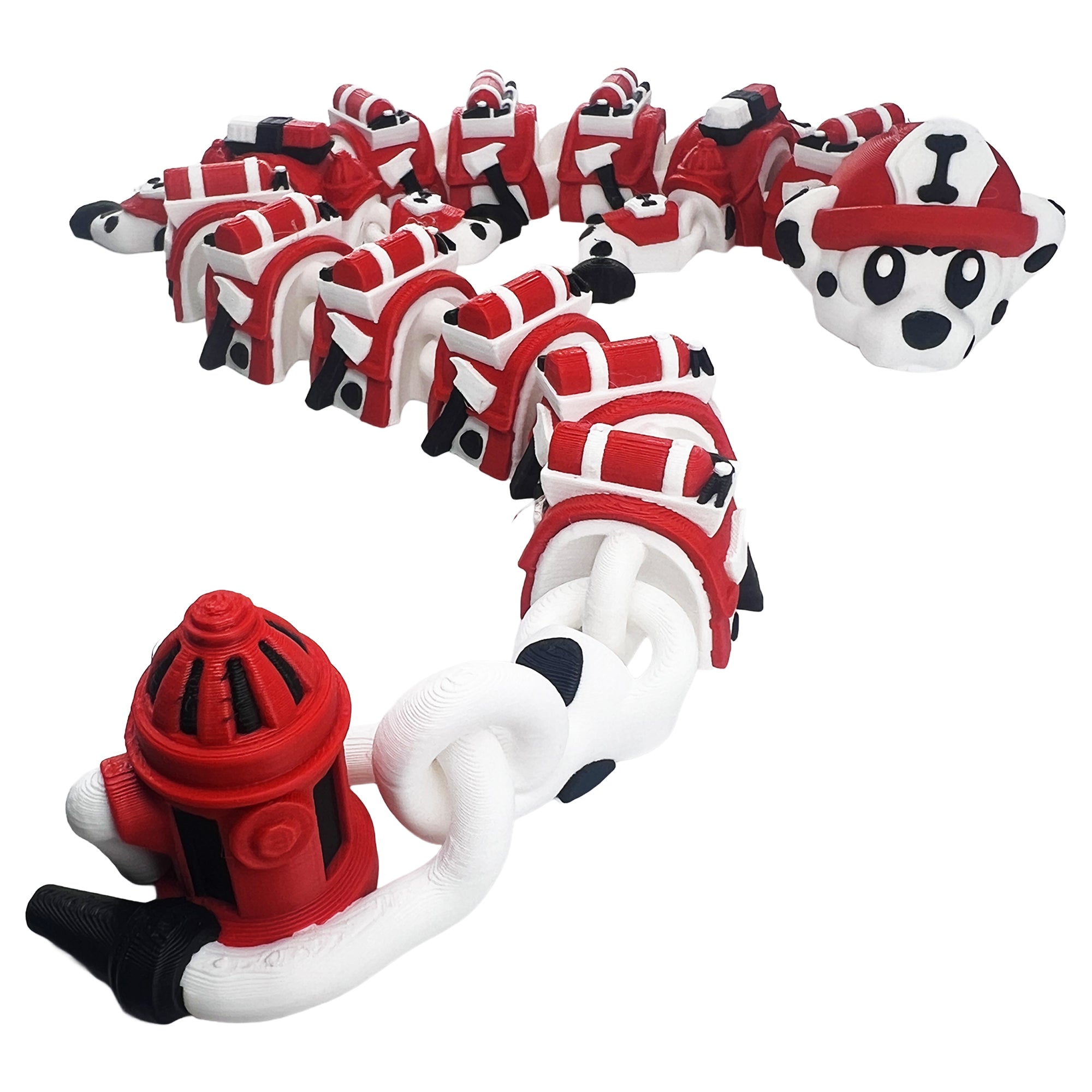 Dalmatian firefighter dragon articulated 3D printed flexi dragon with fire hydrant tail