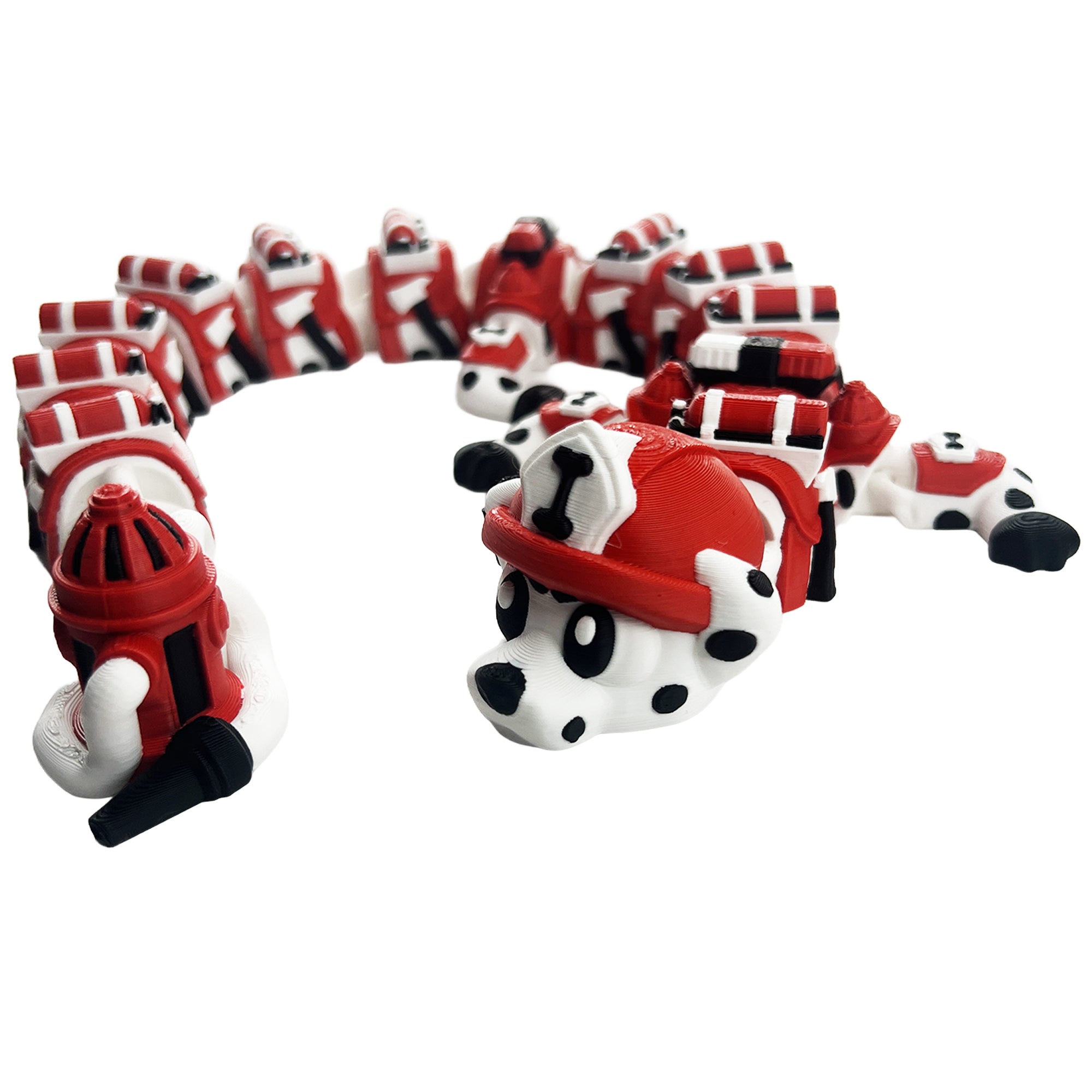 Dalmatian firefighter dragon articulated 3D printed flexi dragon curled beside fire hydrant tail
