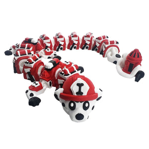 Dalmatian firefighter dragon articulated 3D printed flexi dragon with spotted legs, red equipment, and fire hydrant tail