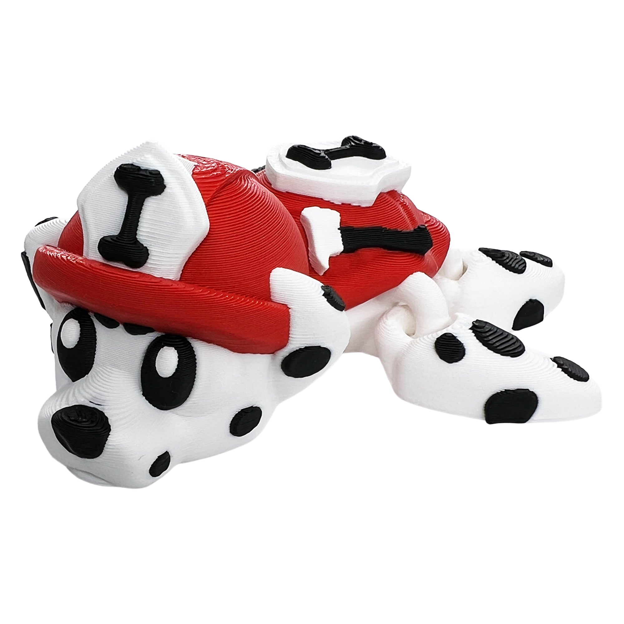 Close-up of Dalmatian firefighter turtle articulated 3D printed toy with red helmet