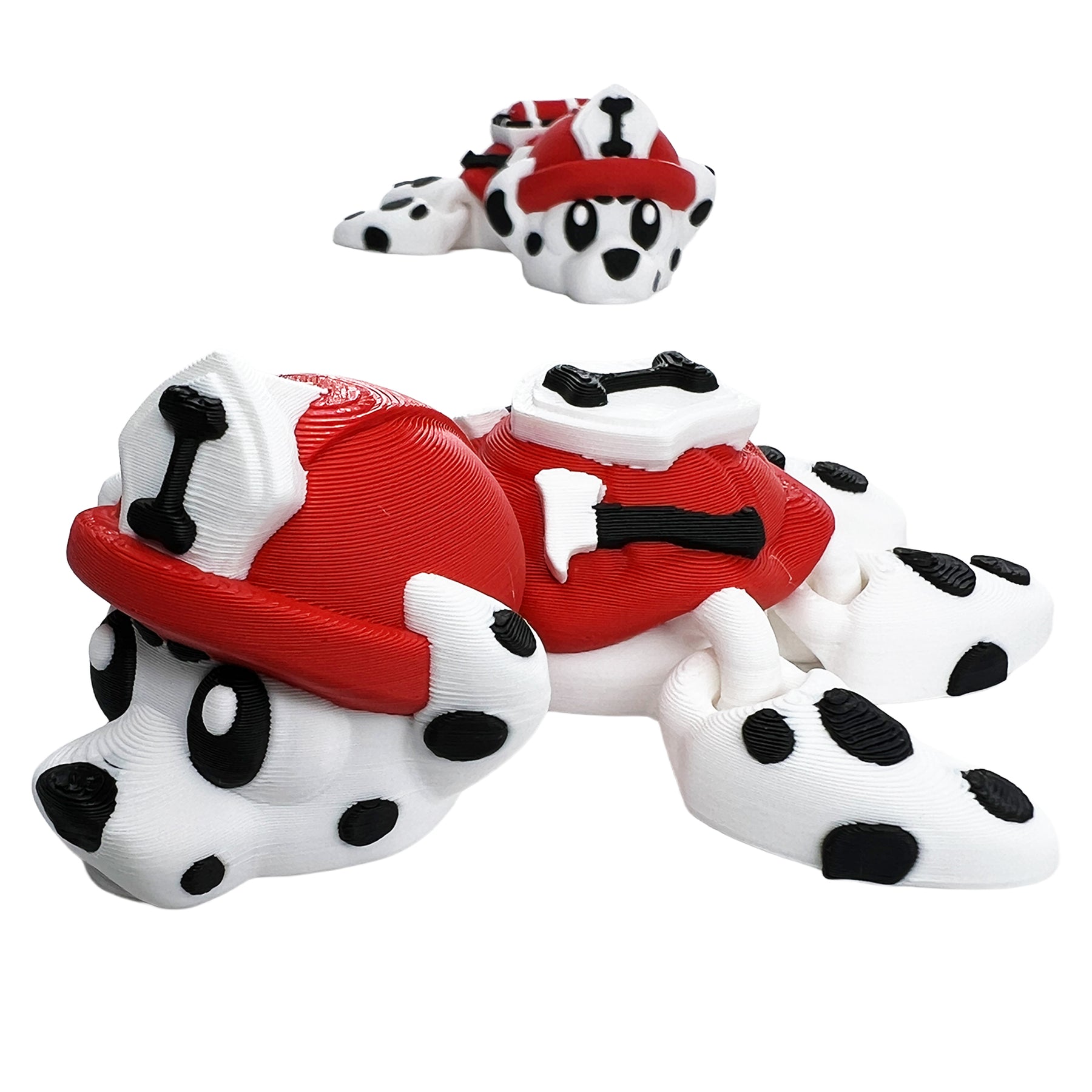 Dalmatian firefighter turtle articulated 3D printed toy with red helmet and spotted legs