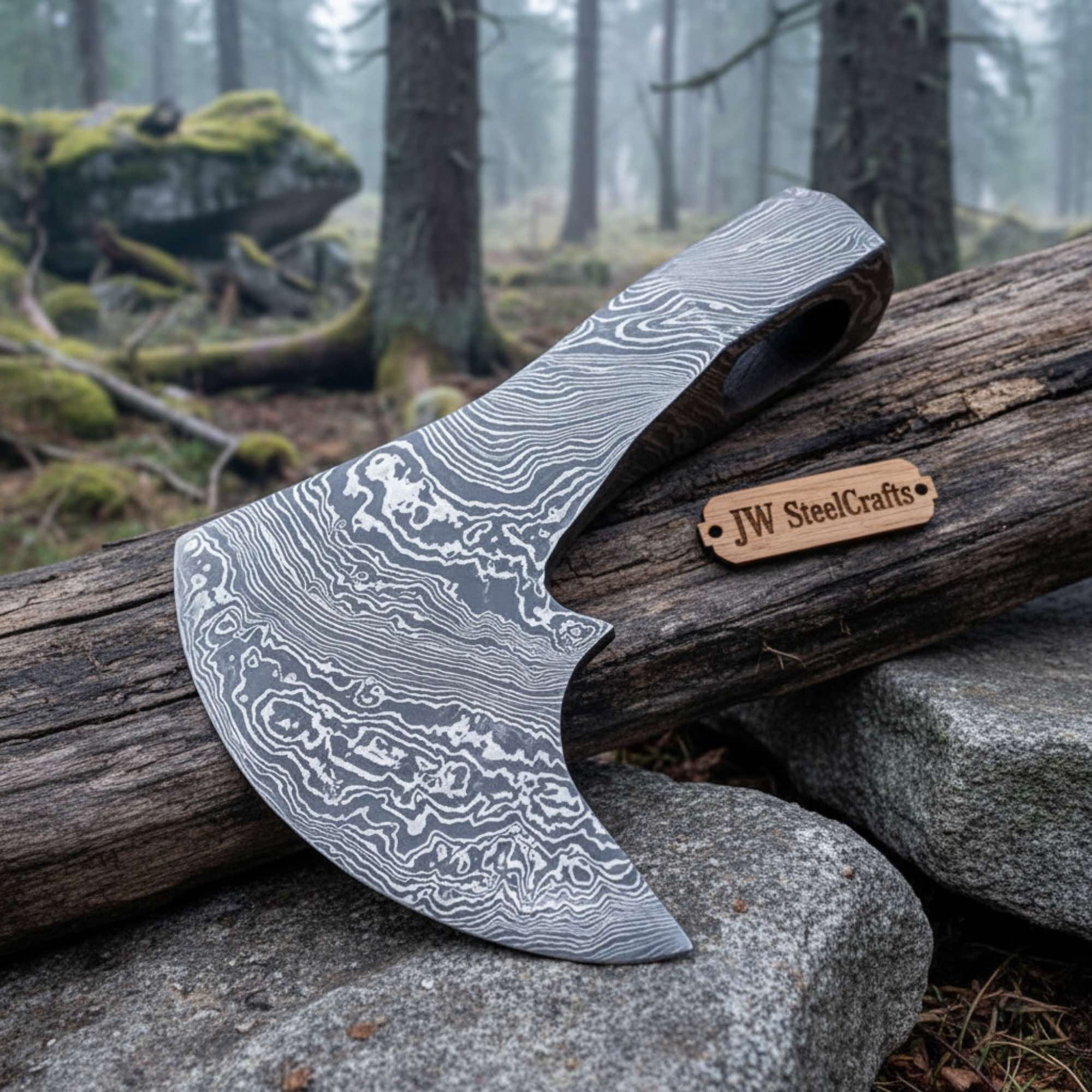Historic Norse Skeggøx Bearded Axe Head — Traditional Pattern-Welded Forging by JW SteelCrafts, handmade axe main product photo
