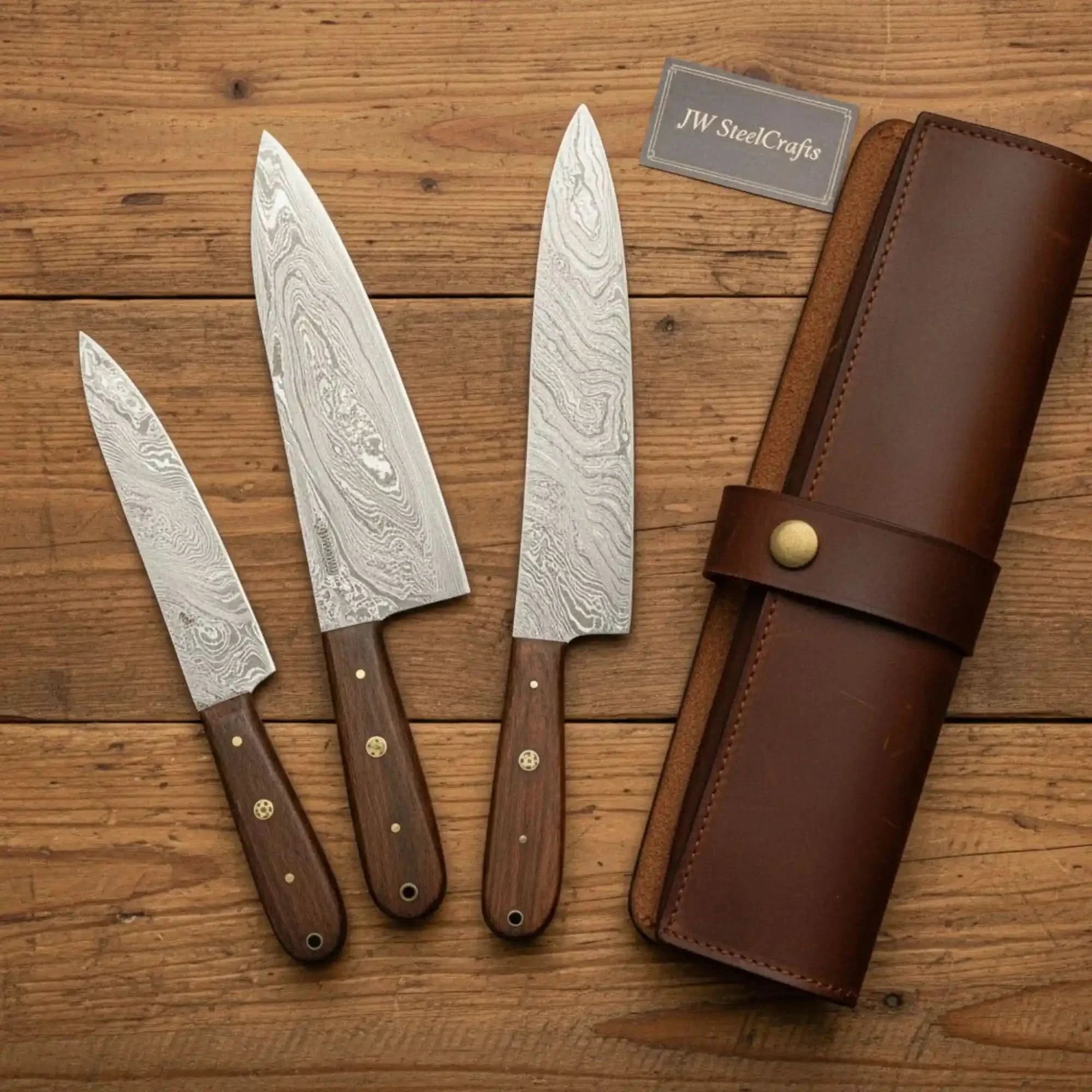 3-Piece Damascus Kitchen Knife Set — Bread, Chef & Paring Knives with Rosewood Handles by JW SteelCrafts, Damascus knife main product photo