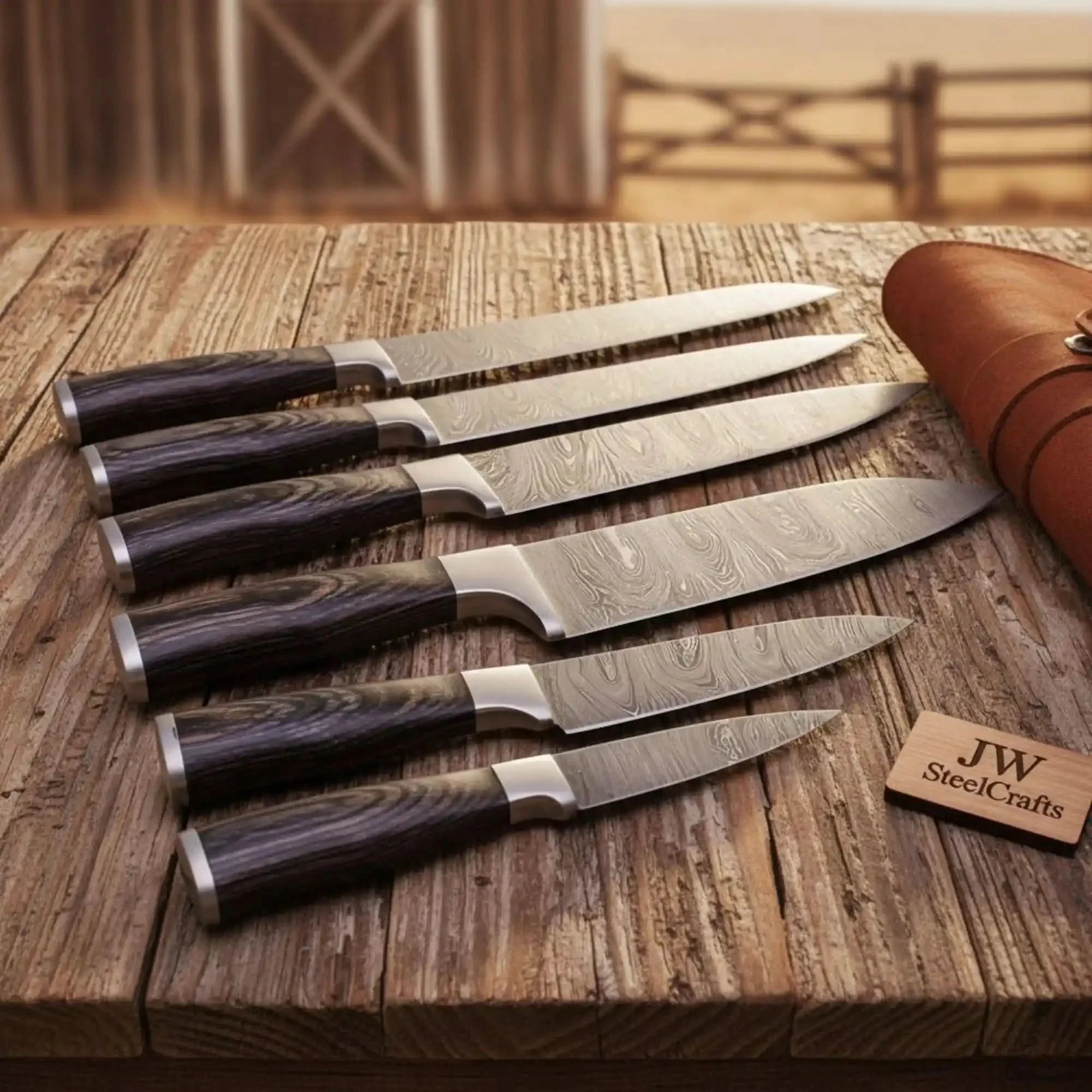 Hand-Forged Damascus Sujihiki Slicer Set — 6 Long Japanese-Style Carving Knives by JW SteelCrafts, Southern handmade gift main product photo