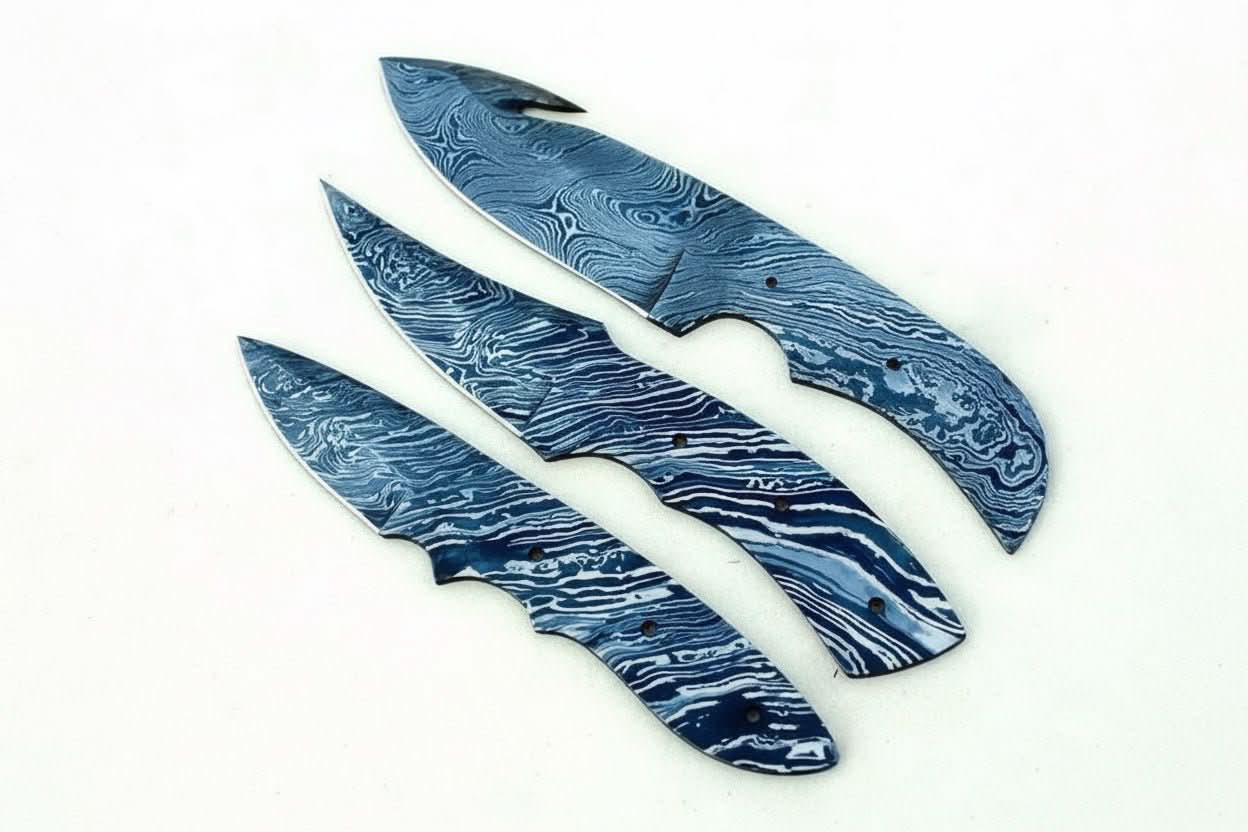 Handmade Damascus Steel Blank Blade Skinner Knife - Lot of 3/ For Knife Making by JW SteelCrafts, Damascus knife main product photo