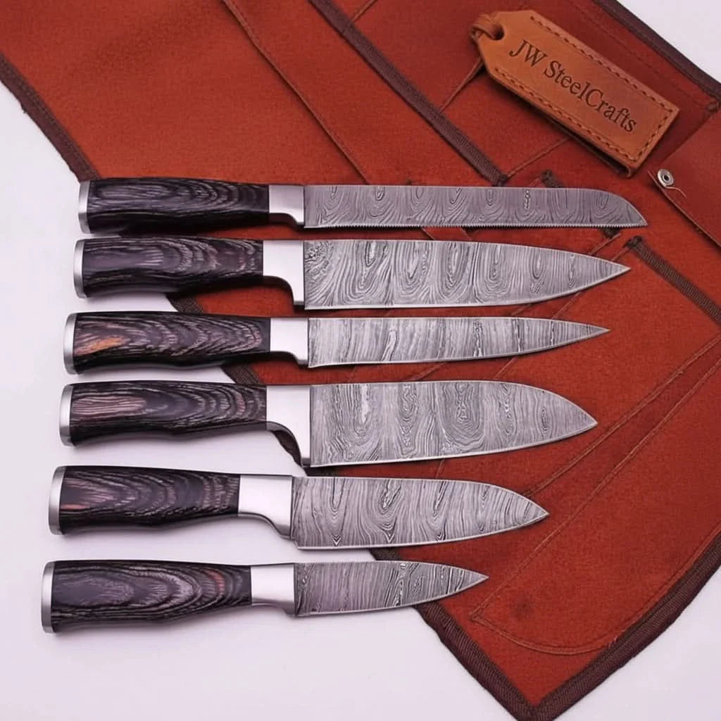 6-Piece Damascus Kitchen Knife Set — Black Wood Handles, Steel Bolsters, Bread, Slicer, Chef, Santoku, Utility & Paring with Leather Roll by JW SteelCrafts, Damascus knife main