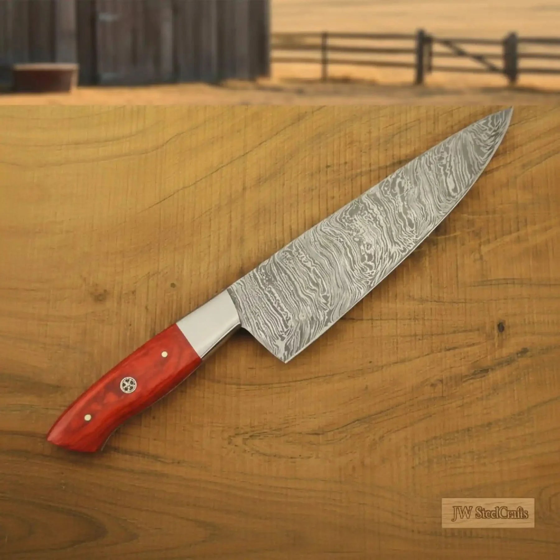 3 Piece Handmade Damascus Kitchen Knife Set, Chef Knife, Utility Knife and Paring Knife, Red Pakka Wood Handle Professional Cutlery JW SteelCrafts