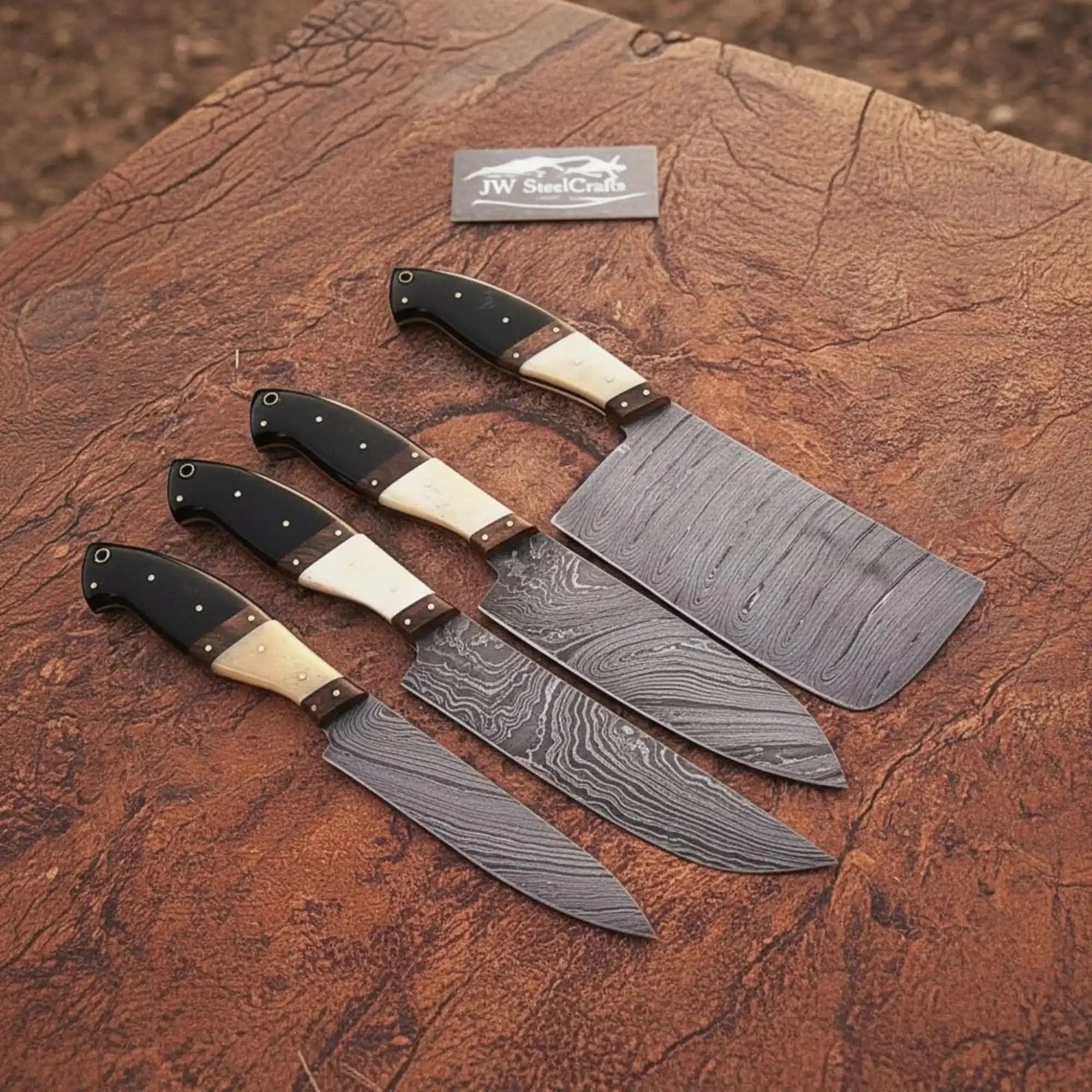 Handmade Damascus Steel Chef Knife Set with Bone & Wood Handle, 4-Piece Kitchen Cutlery Collection by JW SteelCrafts, Damascus knife main product photo