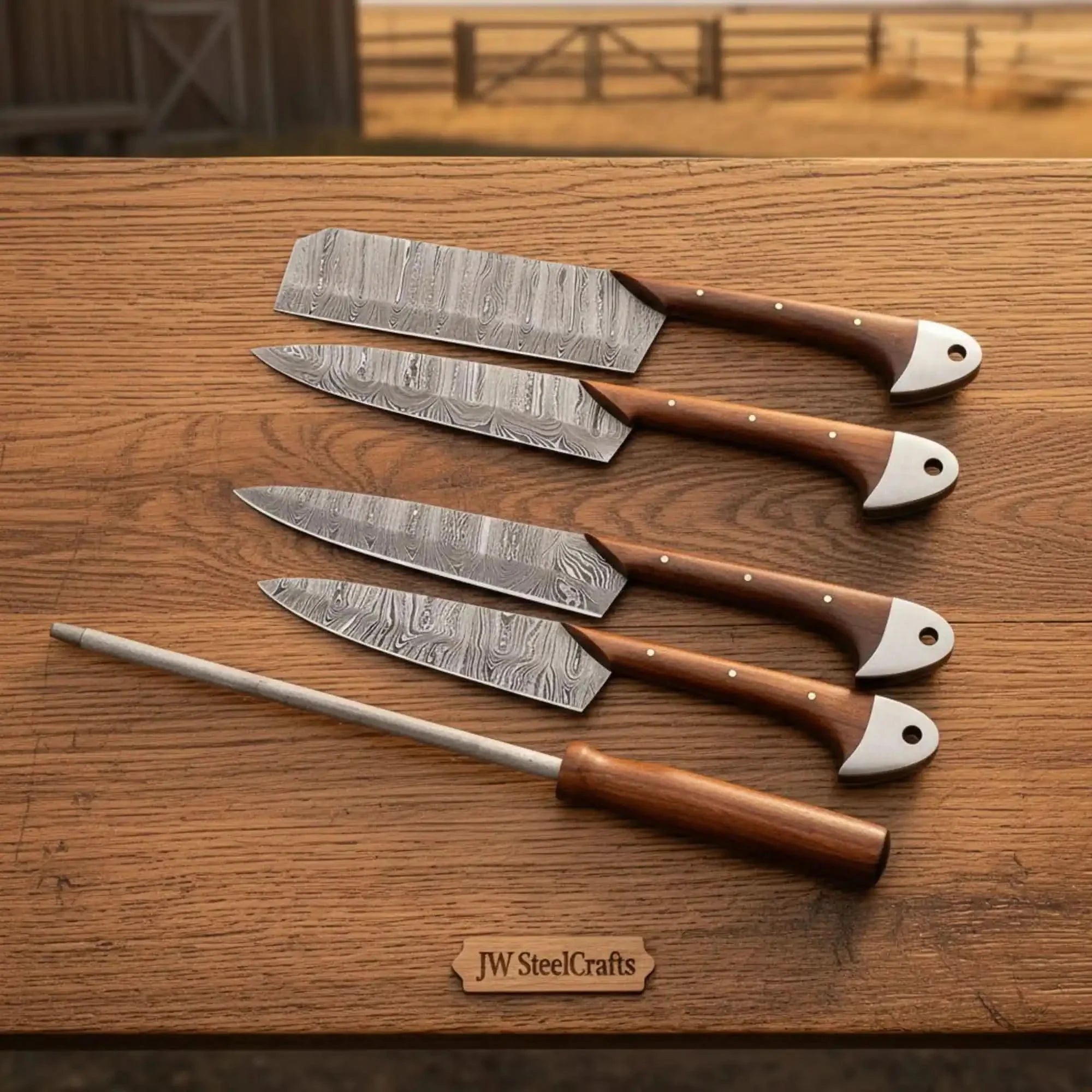 Pattern-Welded Damascus Kitchen Set — Tall Cai Dao Cleaver, Nakiri, Gyuto & Petty Knife by JW SteelCrafts, Damascus knife main product photo